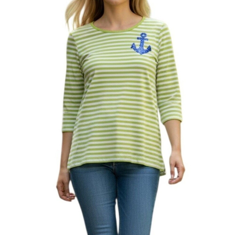 Quaker Factory Lime Green Striped Nautical Sequin Anchor Blouse